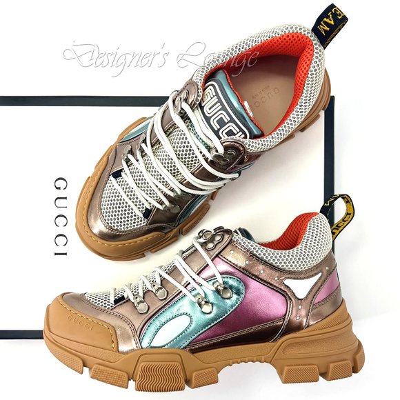 NEW GUCCI Flashtrek EU 36.5 / US 6 Metallic Leather SEGA Logo Sneakers $980 Auth - Picture 1 of 12